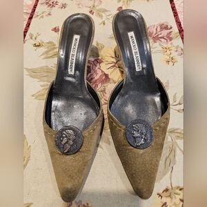 Manolo Blahnik Olive Mules with Medallion Detail